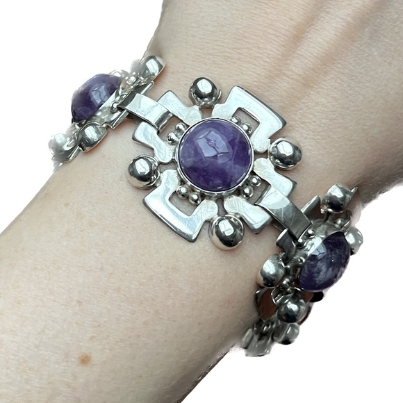 1930’s FRED DAVIS Sterling SILVER & AMETHYST Early Mexican MODERNIST Bracelet. - Picture 3 of 5